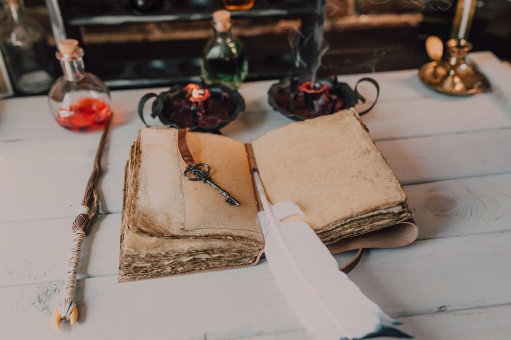 Rituale di Protezione e Fortuna: Attirare la Buona Sorte e Proteggersi dalle Energie Negative Magical setup featuring ancient spellbook, wand, and potions, creating a mystical atmosphere.